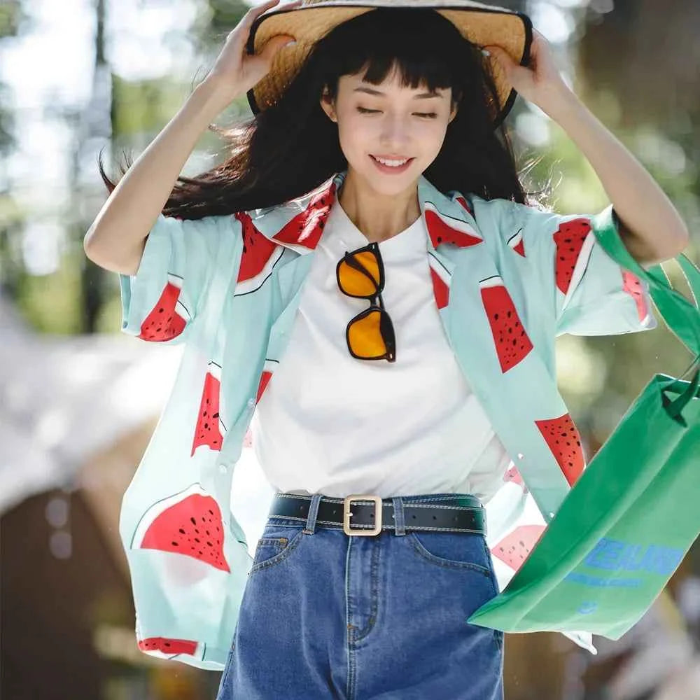 Watermelon Print Loose Collar Beach Shirt