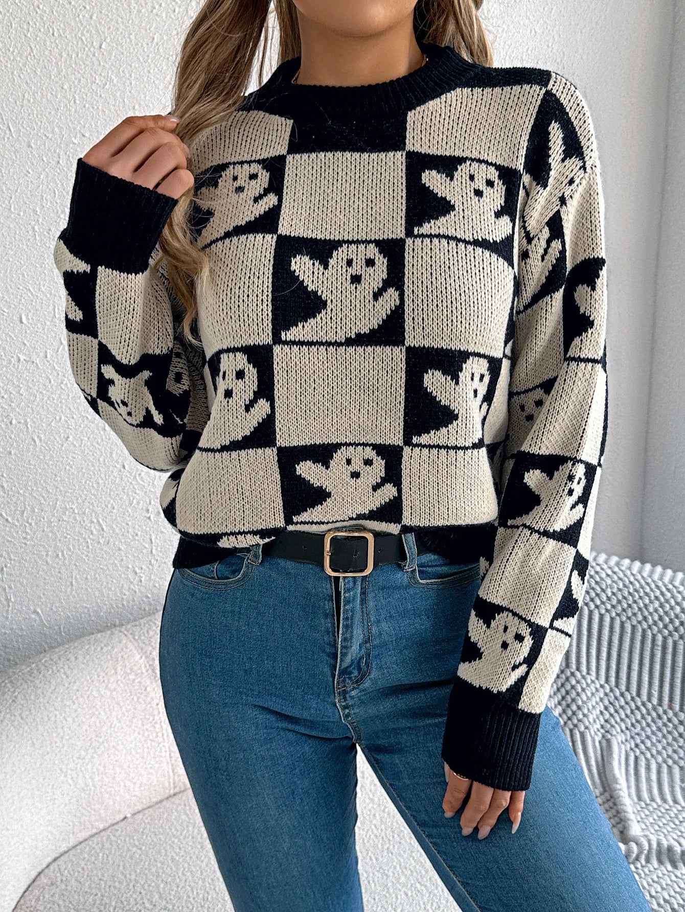 Y2K Signature Halloween Plaid Knitted Sweater