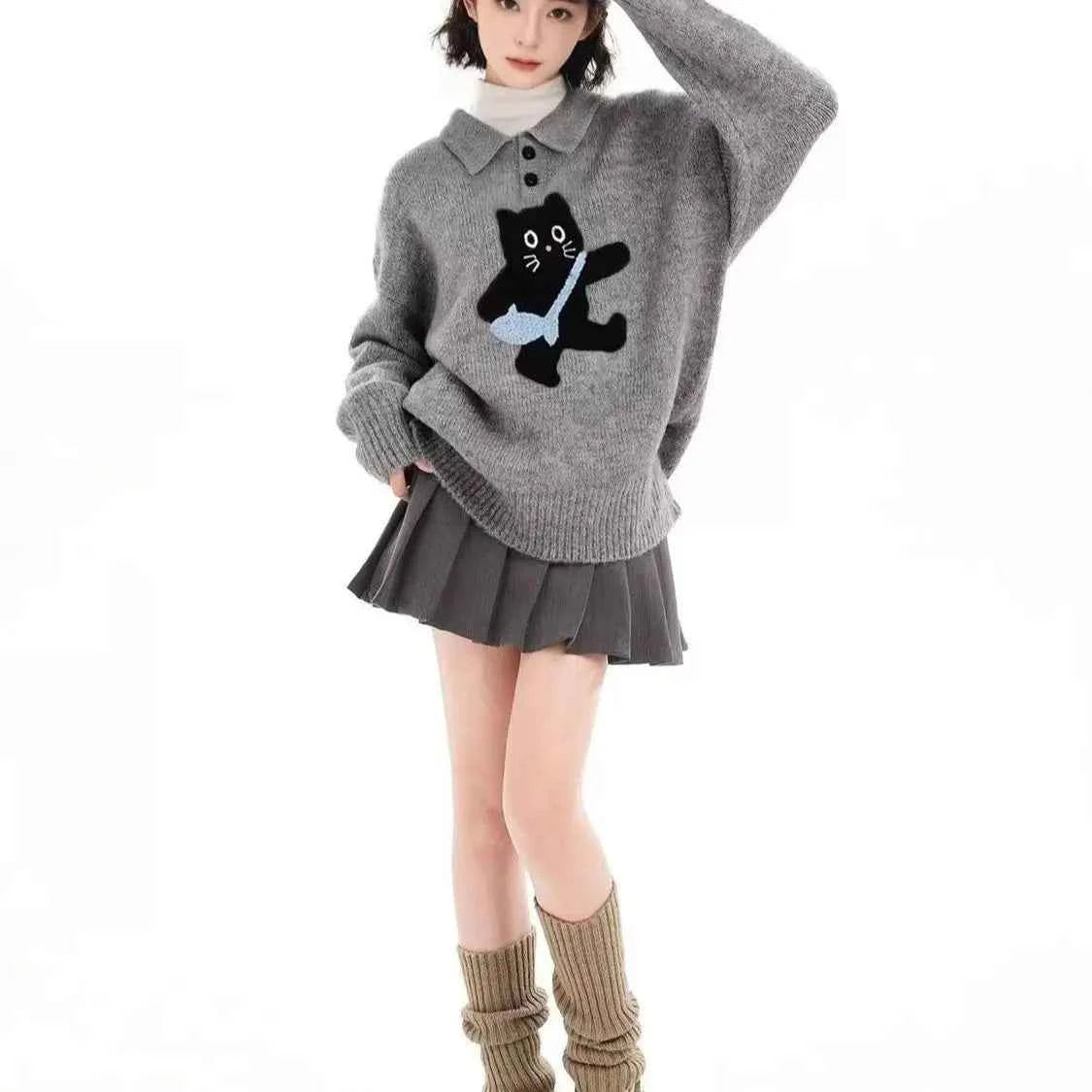 Winter Y2K Cozy Gray Cat Knit Sweater