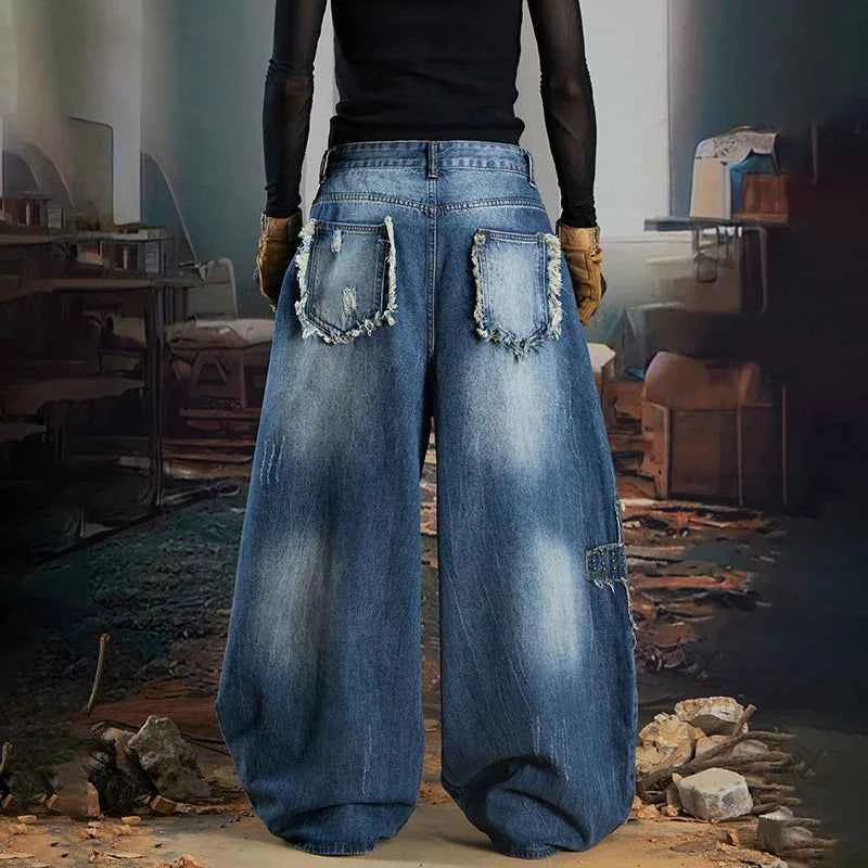 Vintage Patchwork Design Ripped Wide Leg Jeans