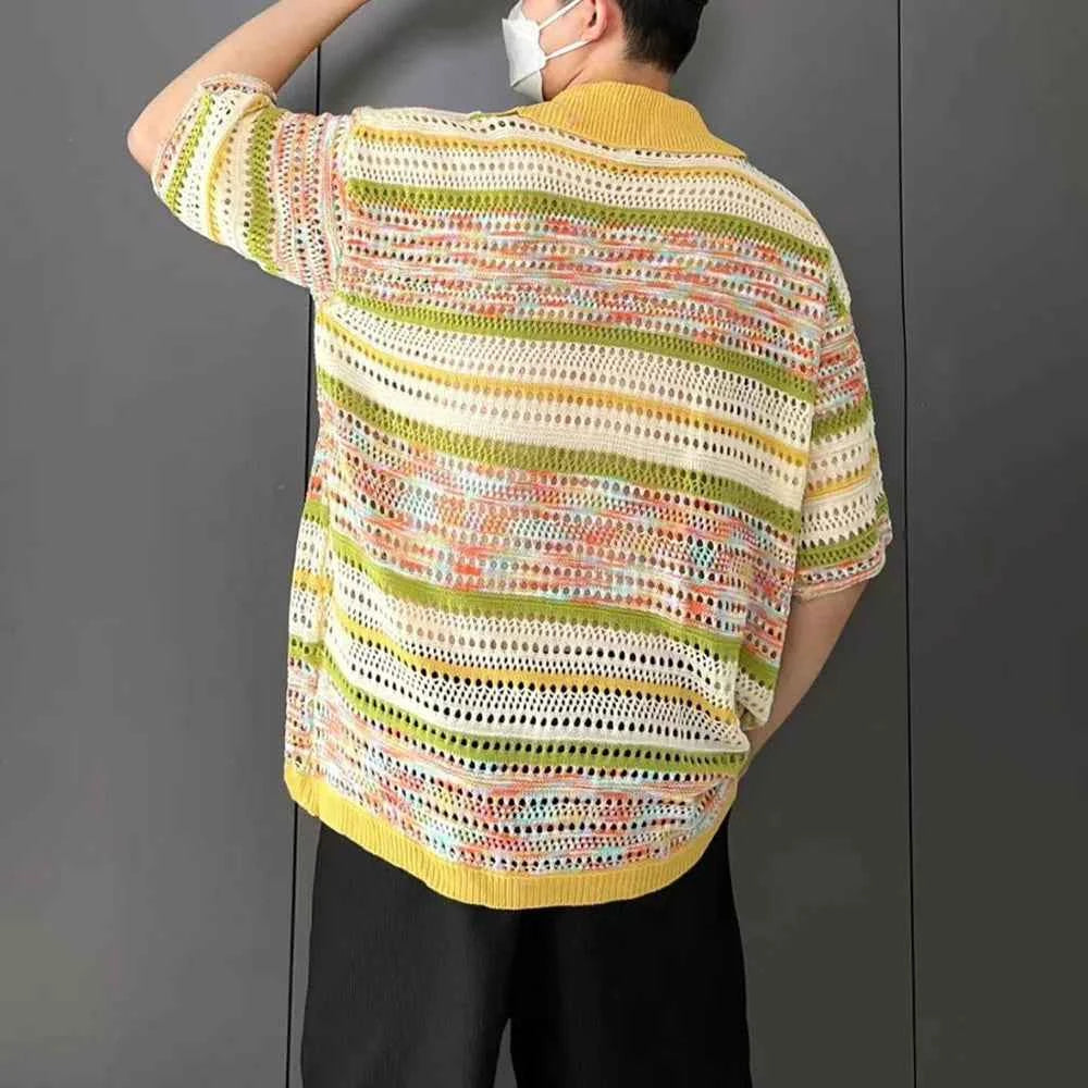 Versatile Gradient Striped Knit Polo Sweater