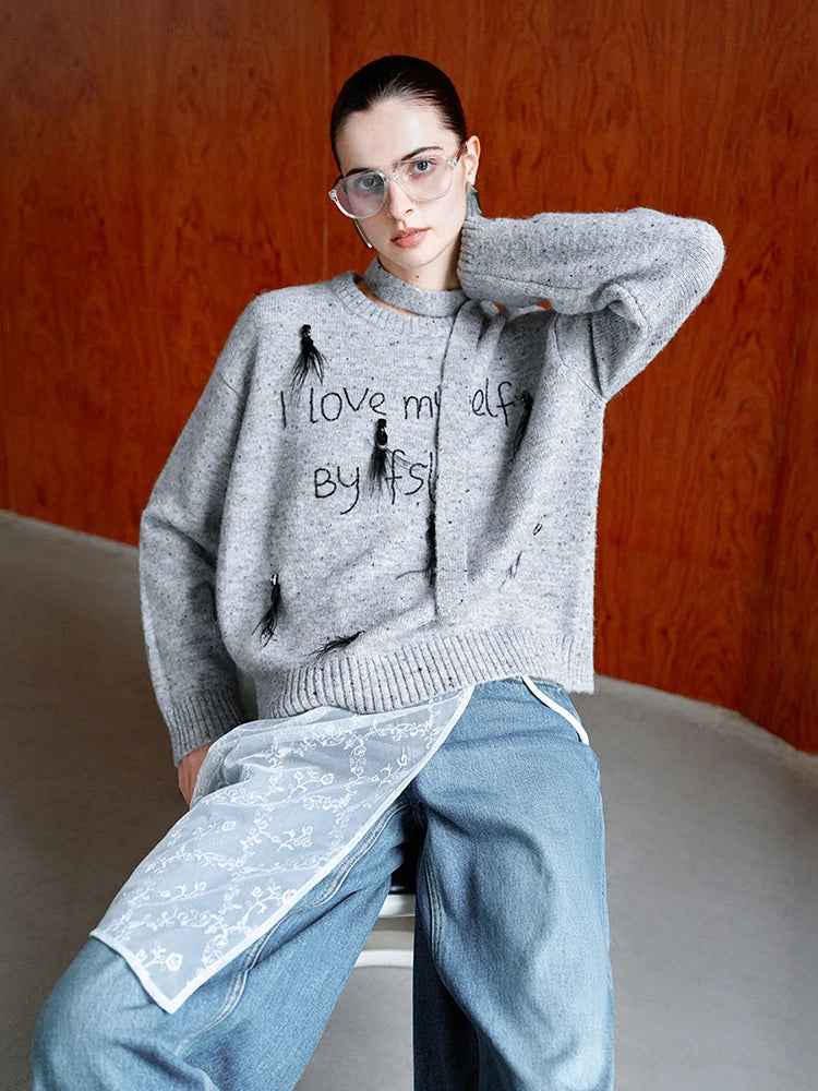 Women Luxury Ostrich Hair Embroidered Knit Sweater