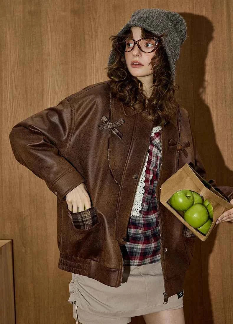 Retro Versatile Plaid Patchwork Leather Jacket