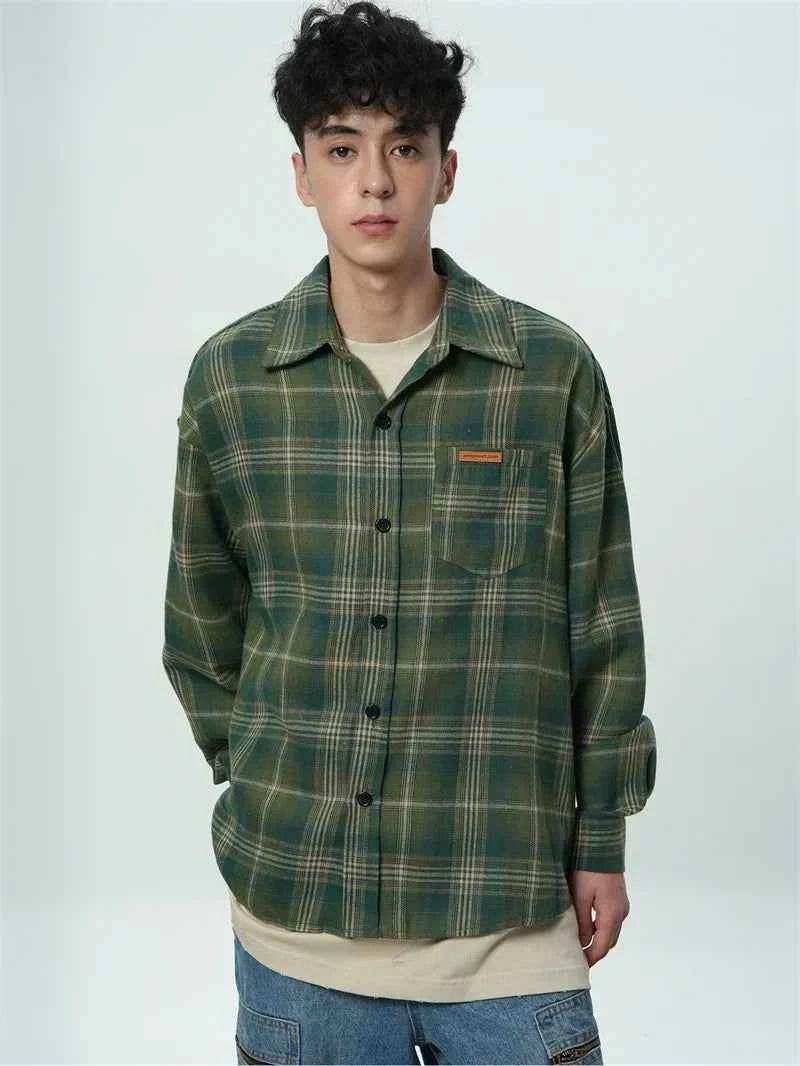 Streetwear Cool Plaid Lapel Autumn Vintage Shirt