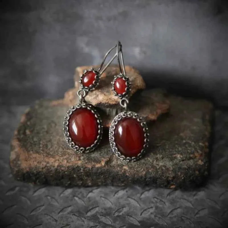 Red Zircon Inlaid Oval Drop Earring