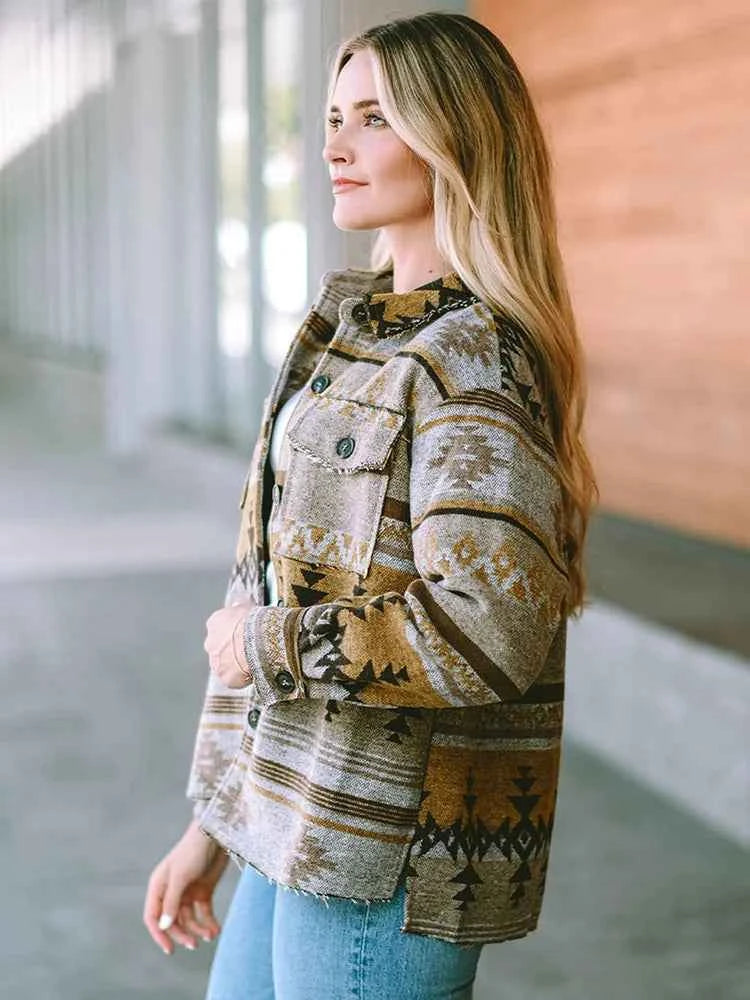 Brown Aztec Print Western Bomber Jacket