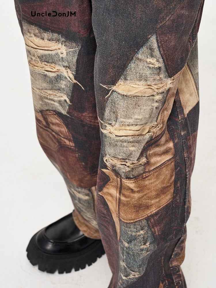 Vintage Distressed 3D Printed Baggy Jeans