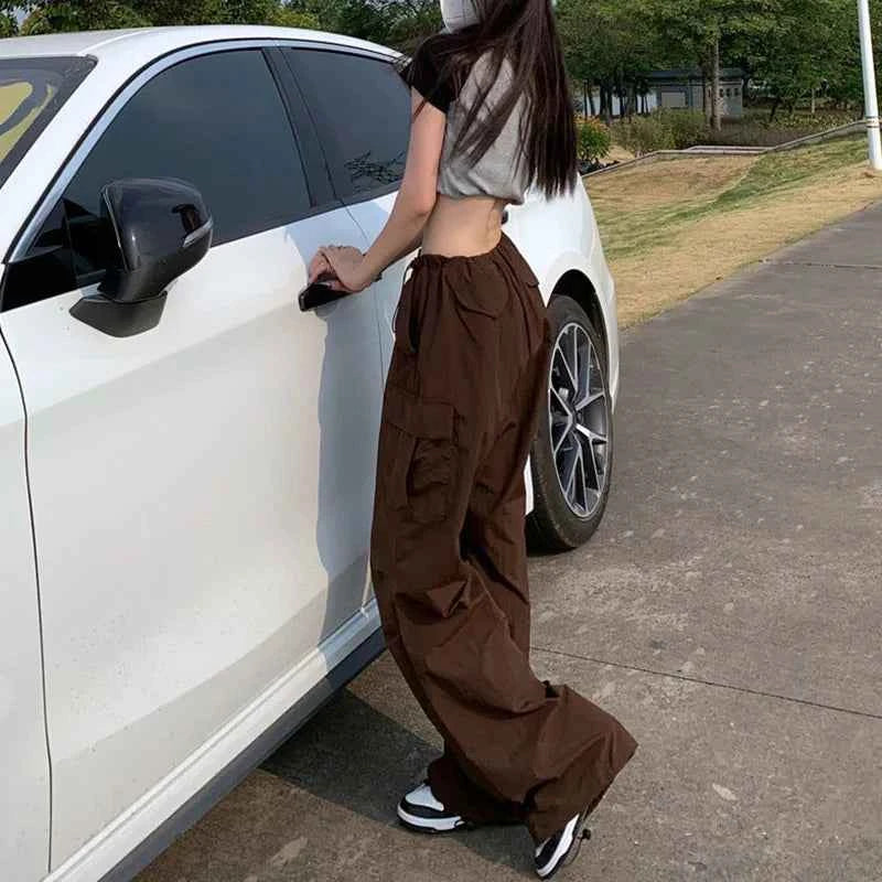 Women Cool Brown Vintage Drawstring Cargo Pants