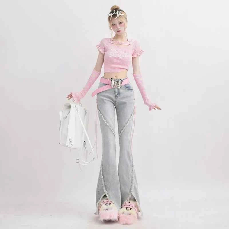 Women Retro Lace Up High Waist Straight Denim Jeans