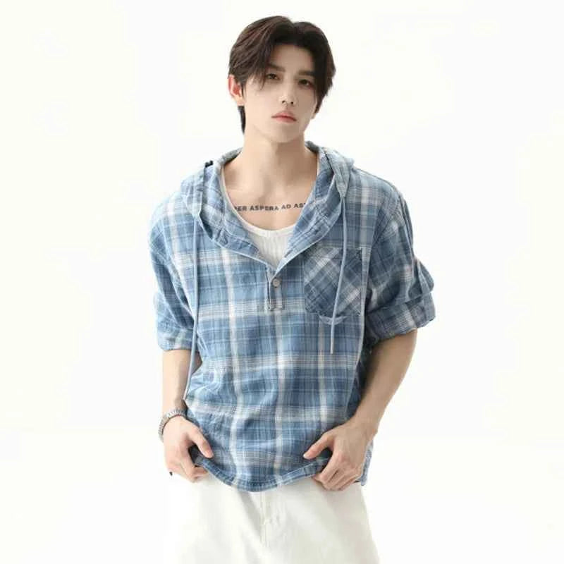 Streetwear Plaid Drawstring Hooded T-Shirt