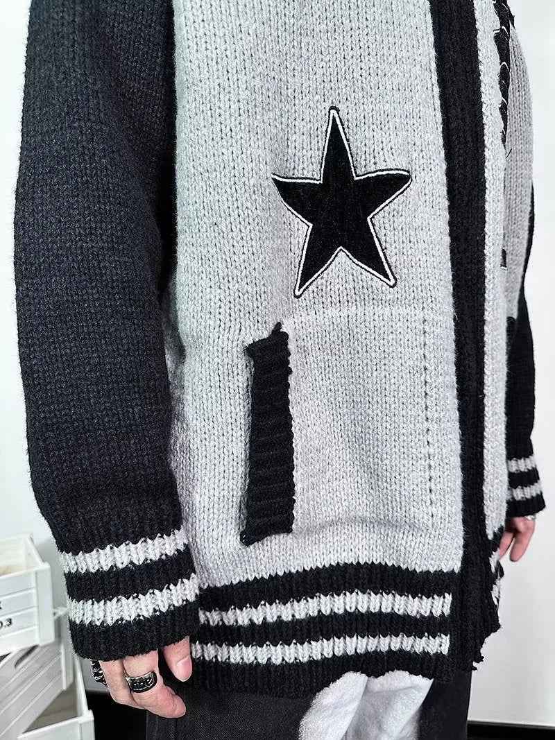 Gothic Letter Printed Star Pattern Knitted Cardigan