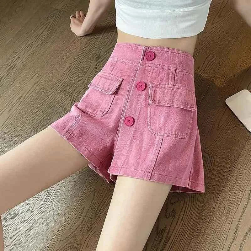 Pink High Waist Culotte Denim Cargo Skirt