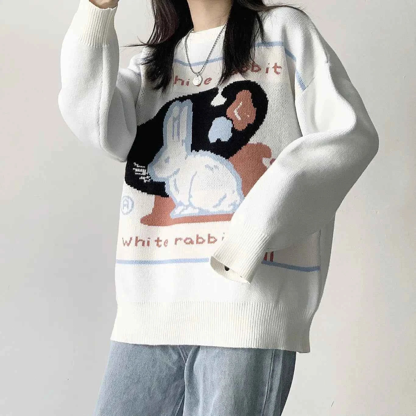 Sweet Retro Jacquard Knitted Rabbit Sweater