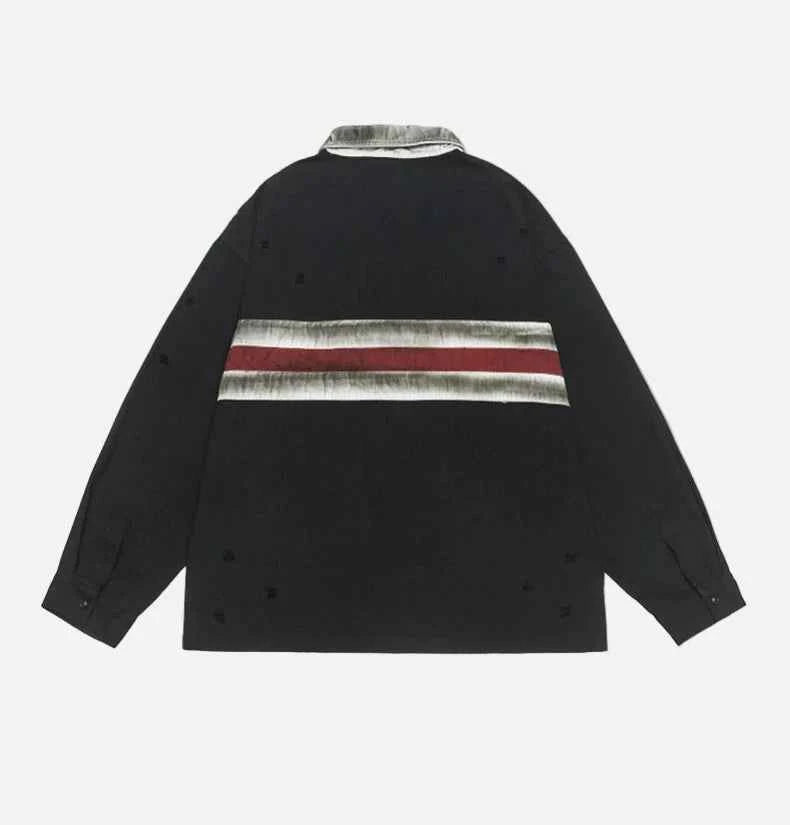 Ripped Retro Long Sleeve Polo Collar T-Shirt
