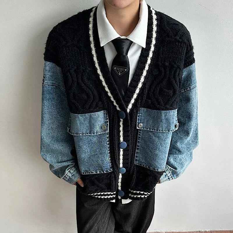 Lightweight Patchwork V-Neck Denim Cardigan