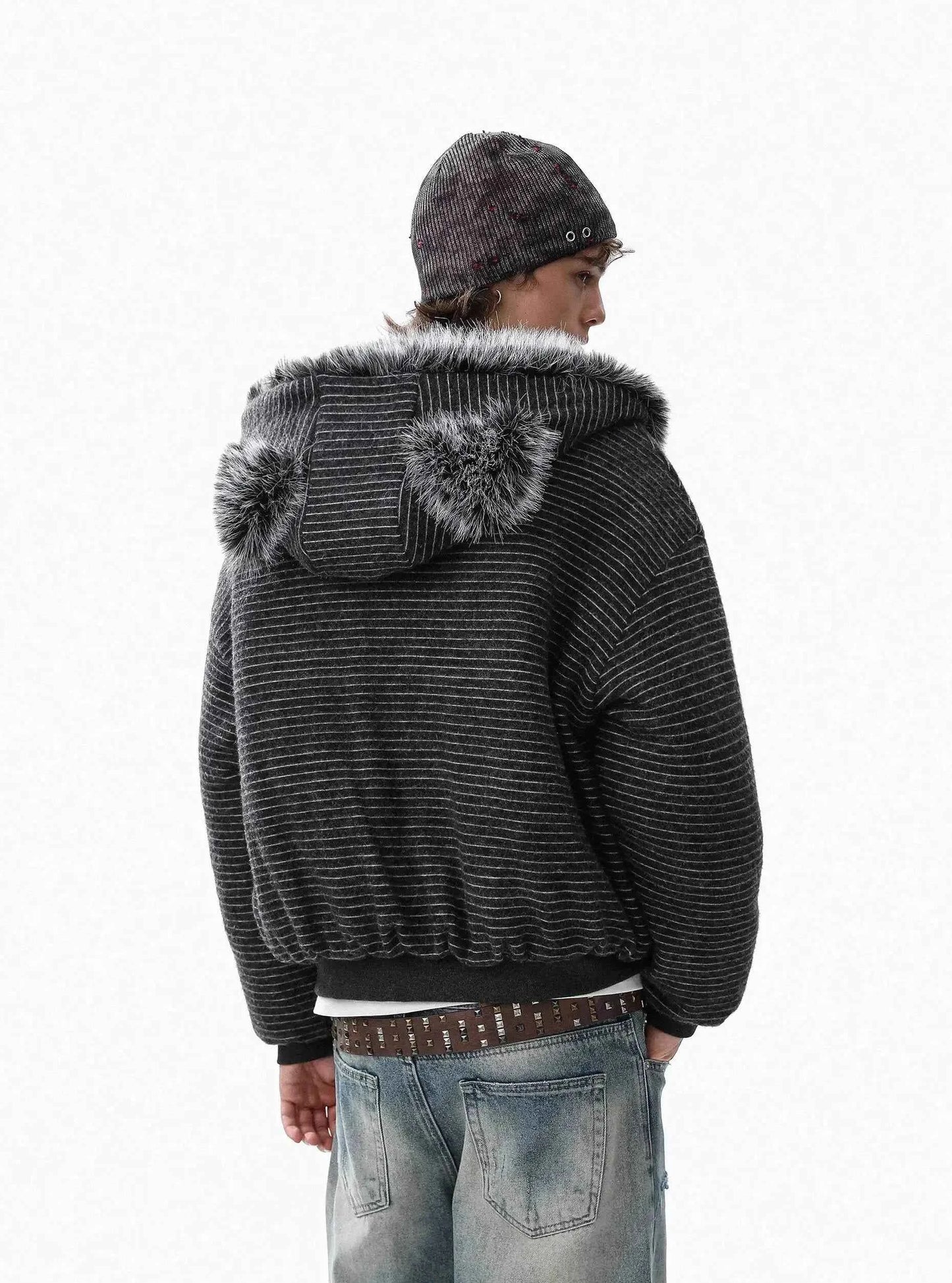 Brushed Striped Rabbit Faux Fur Hooded Jacket