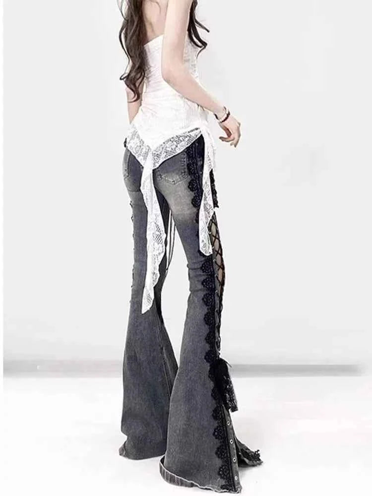 Women Vintage Lace-Up Bell Bottom Jeans