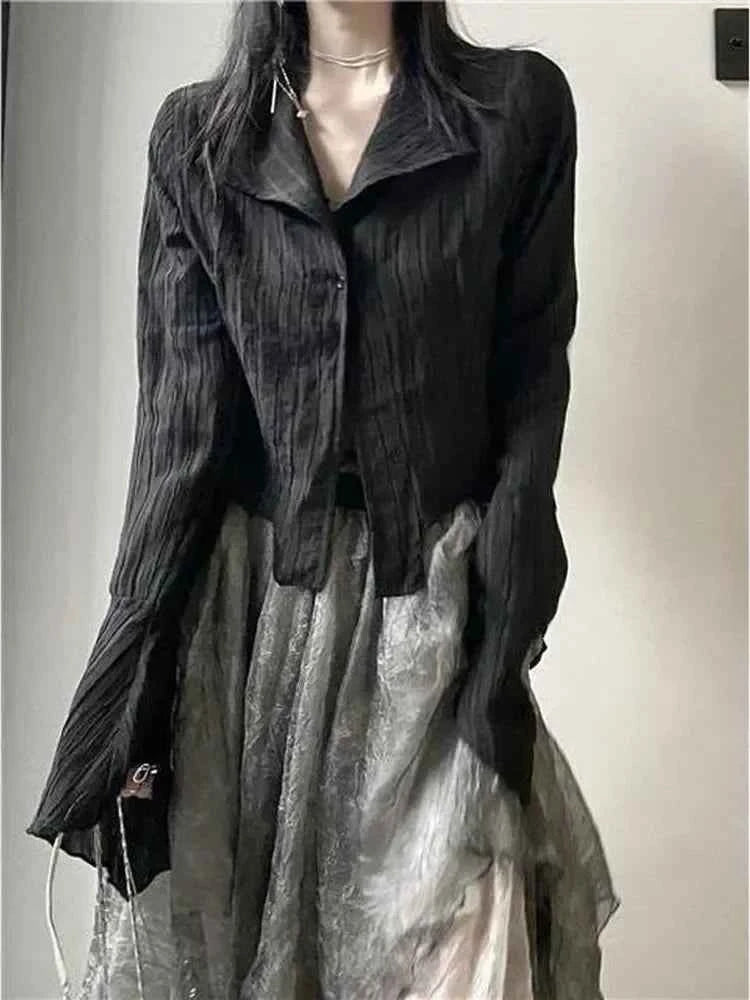 Gothic Black Button Down Blouse Shirt