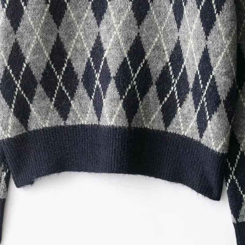Vintage Argyle Plaid Knitted Casual Sweater