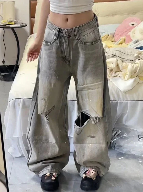 Streetwear Casual Vintage Grey High Waist Wide Jeans - Luxuryurbanwear