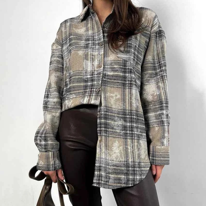 Fashionable Plaid Long Sleeve Casual Blouse Shirt