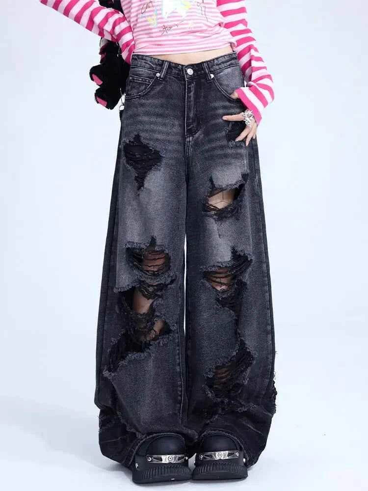 High Waist Ripped Hole Baggy Jeans