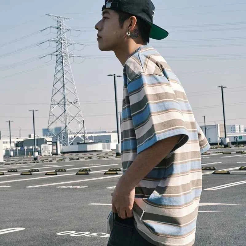Men Casual Retro Vintage Striped Hip Hop T-Shirt