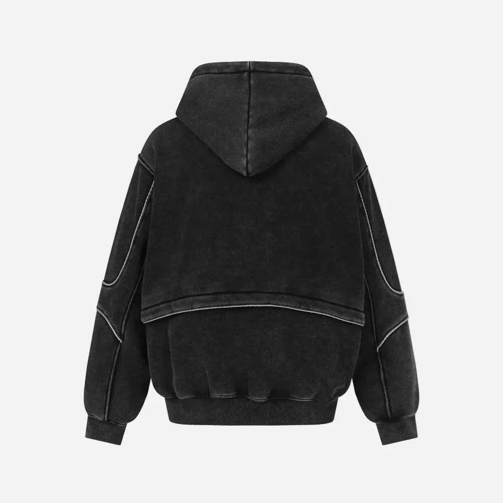 Washed Distressed Front Pocket Spliced Hoodie