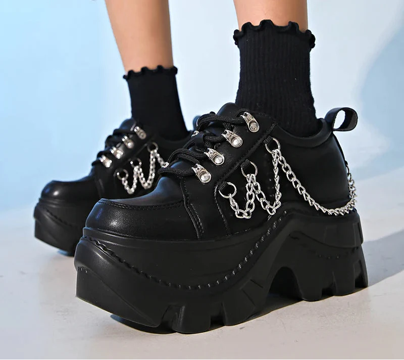 Chunky Gothic Black Chain Platform Sneakers - Luxuryurbanwear