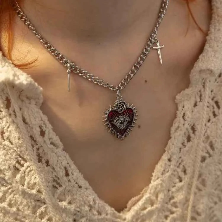 Gothic Peach Heart Cross Pendant Necklace
