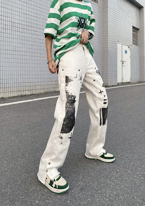 Herringbone Graffiti Print White Straight Jeans