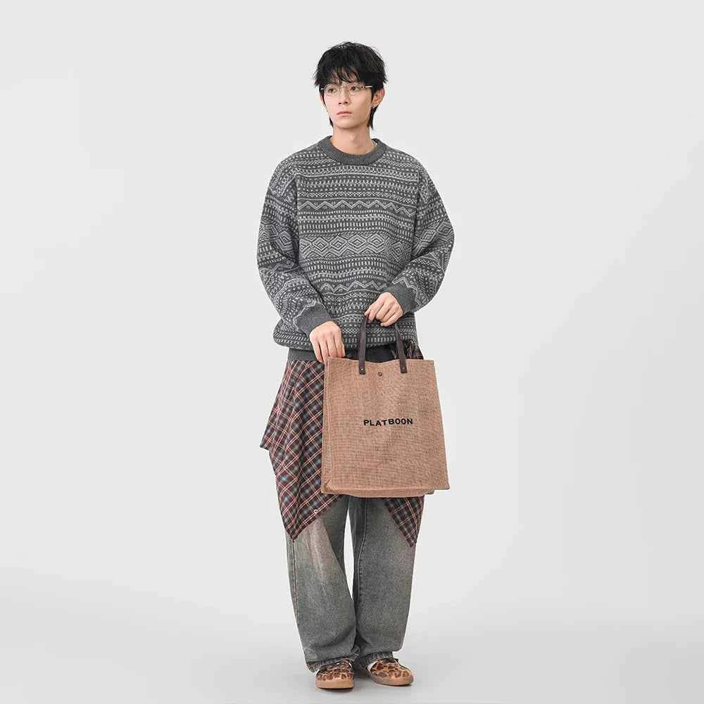 Y2K Plush Ethnic Knit Crew Neck Sweater