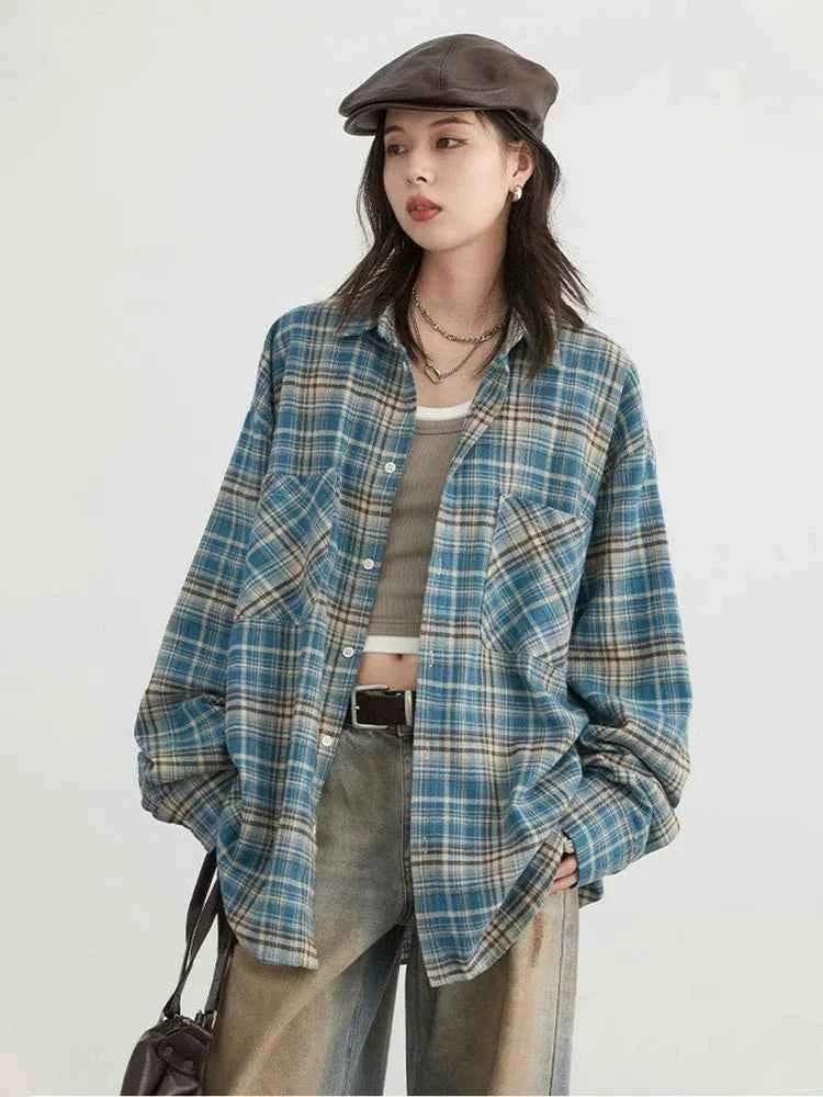 Women Vintage Plaid Oversize Long Sleeve Shirt