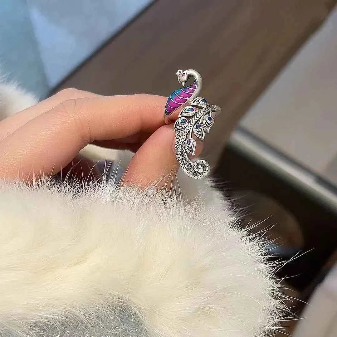 Women Vintage Peacock Feather Sterling Silver Ring