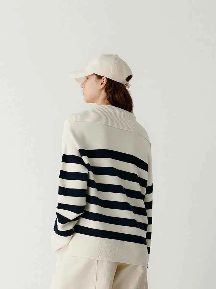 Women Navy Striped Loose Cashmere Sweater