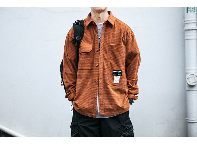 Corduroy Waffle Plaid Semi Collar Overshirt