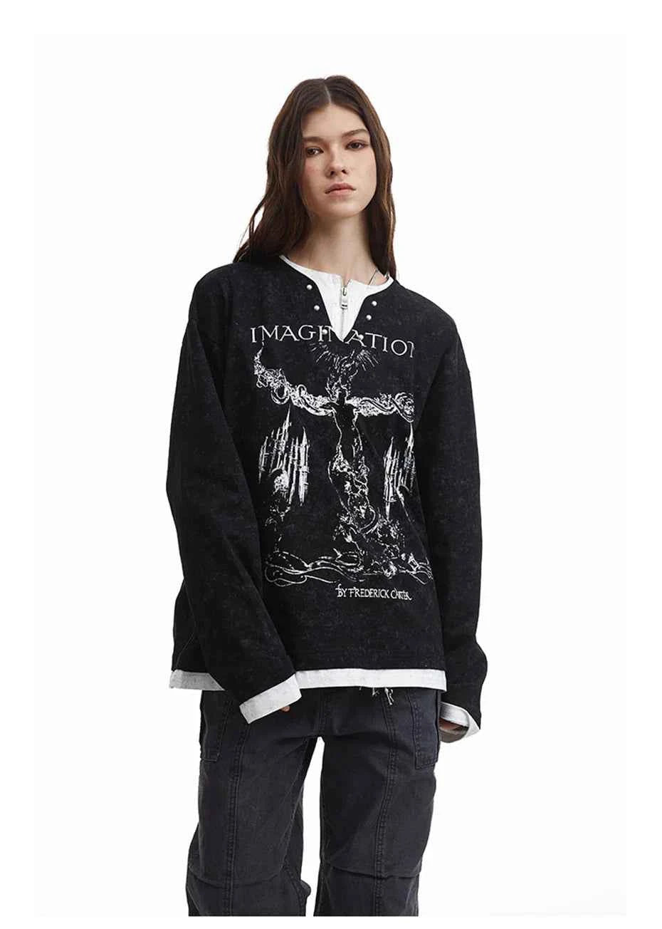 Dark Gothic Punk Fake Two-Piece Long T-Shirt