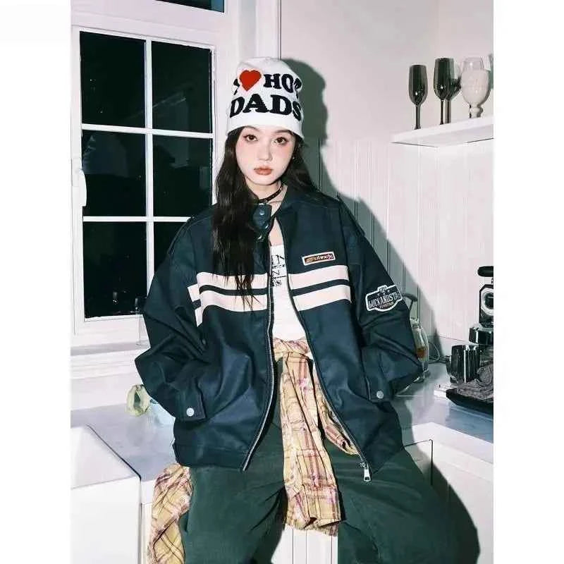 Streetwear Y2K Colorful Retro Striped Leather Jacket