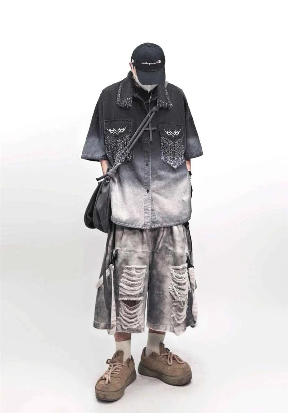 Oversized Black Tassels Denim Shirt