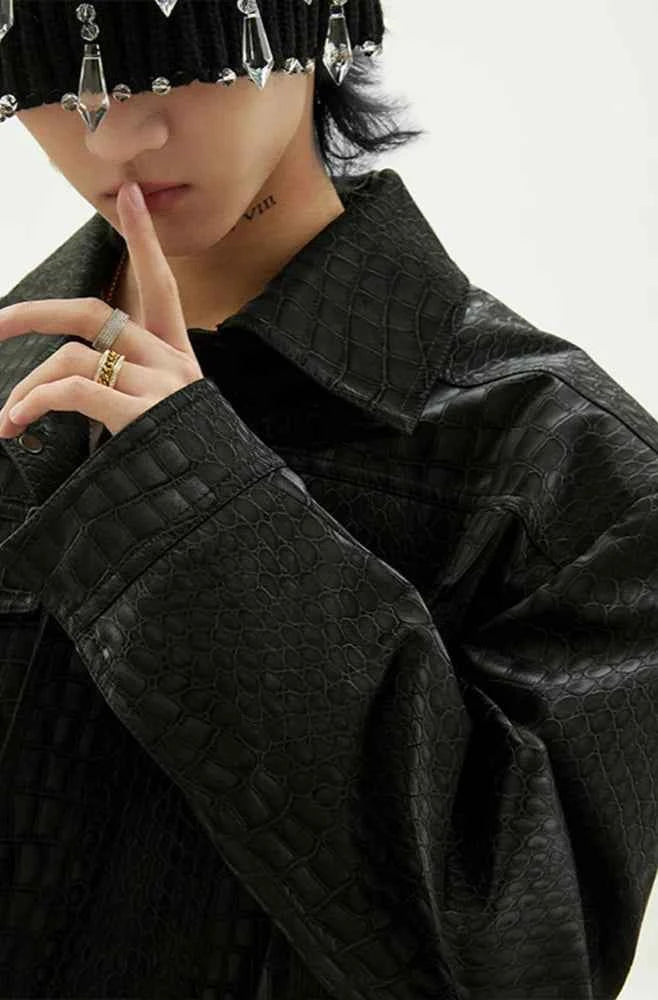Luxury Crocodile Print Black Leather Jacket