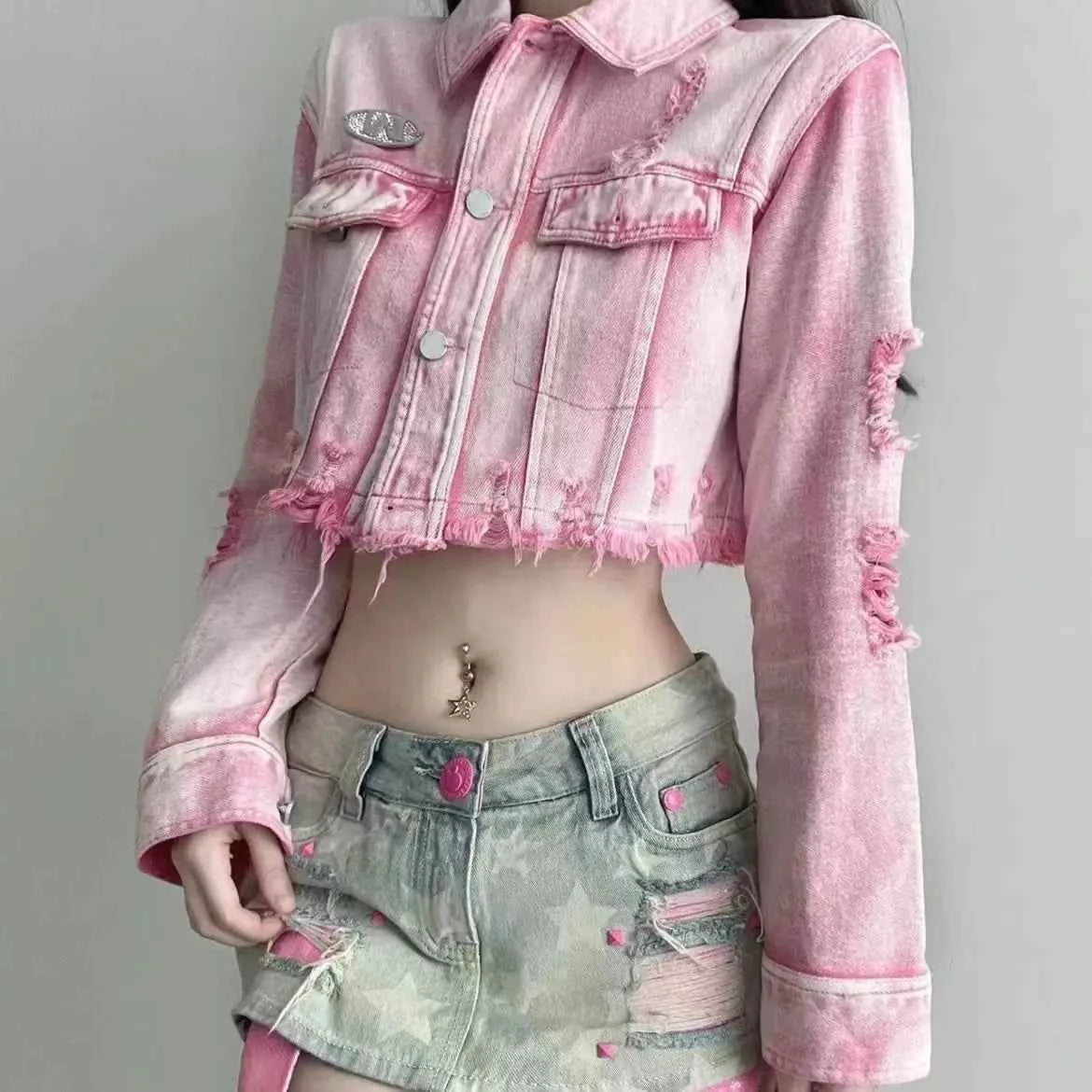 Pink Ripped Hip Hop Short Denim Jacket