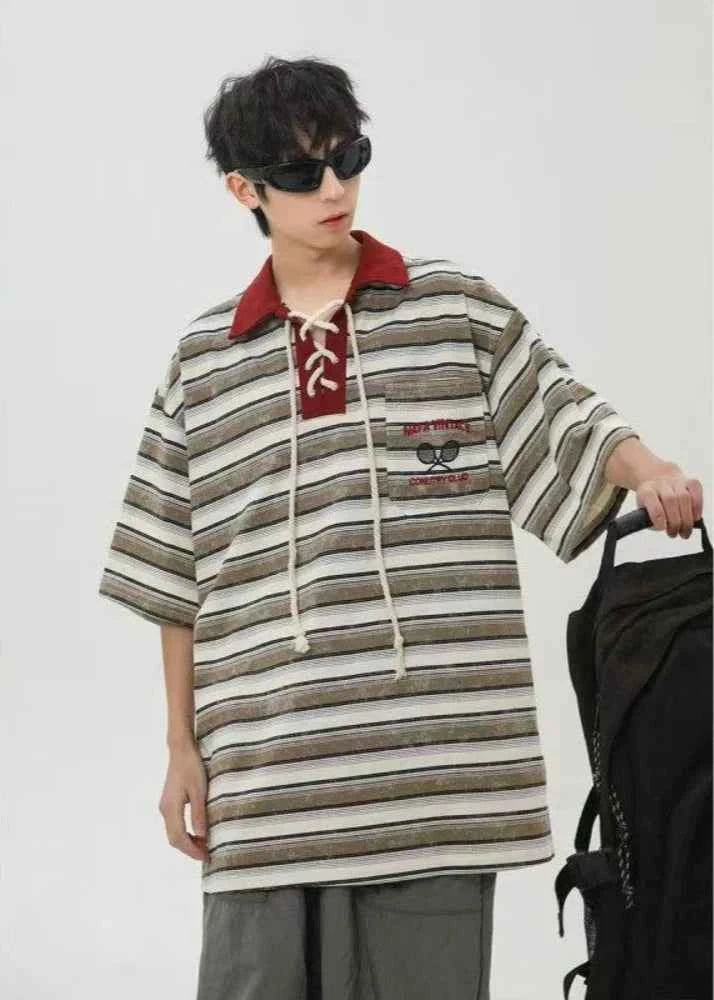 Vintage Striped Patchwork Lace-Up Polo T-Shirt