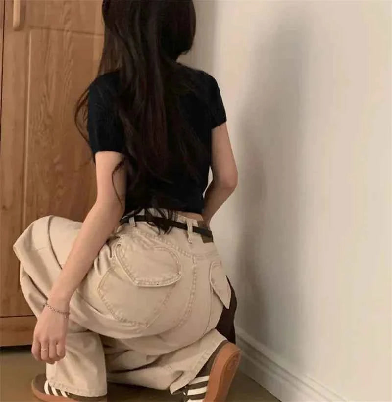 Women Retro High Waist Washed Loose Jeans