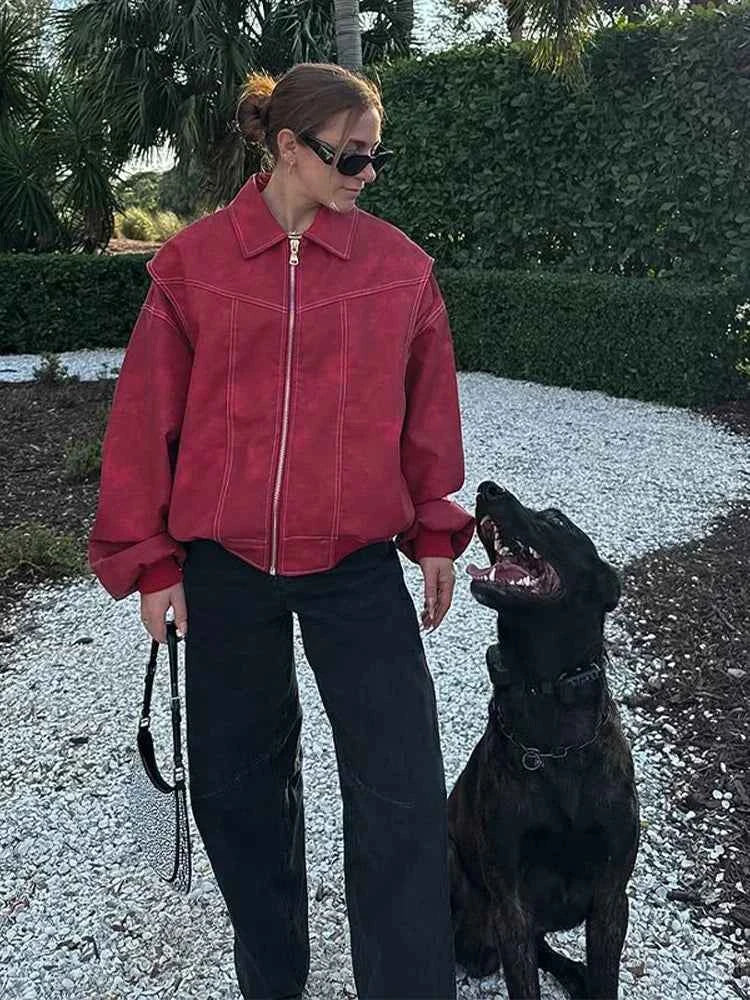 Women Chic Retro Red PU Leather Jacket