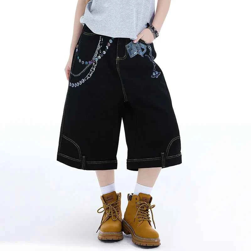 Contrast Retro Color Wide Leg Denim Jorts