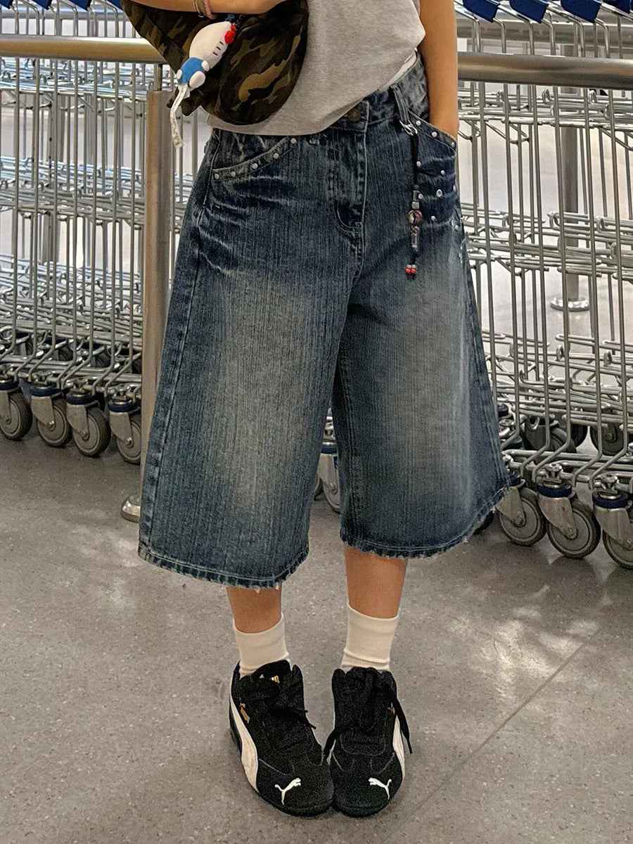 Streetwear Washed Punk Rivets Denim Jorts
