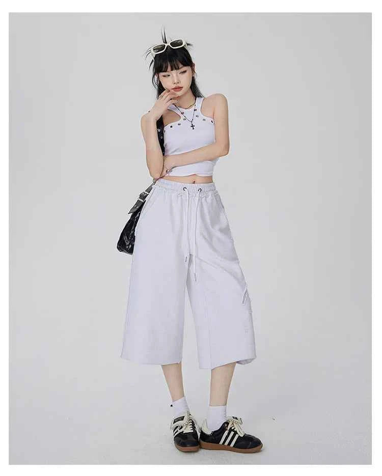 Women Y2K White Wide Leg Drawstring Jorts