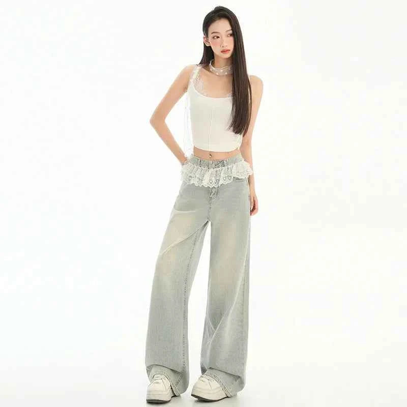 Retro Comfortable Lace-Edged High Waisted Jeans