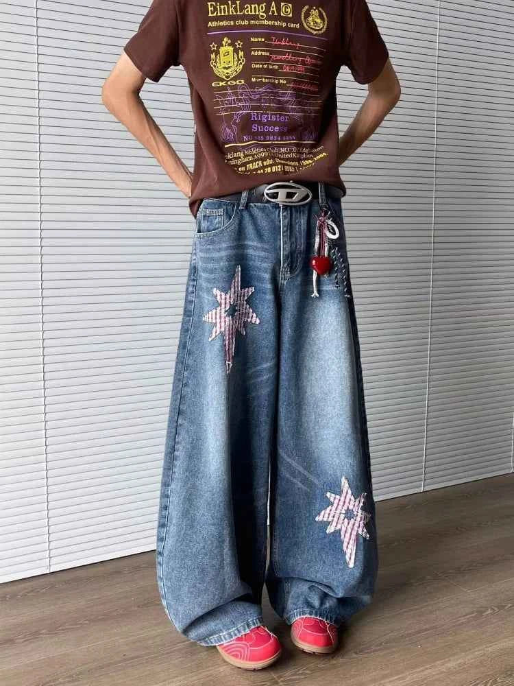 Star Embroidery Baggy Stacked Hip Hop Jeans