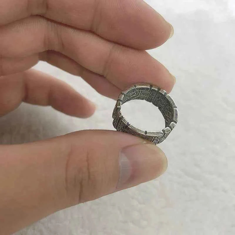 Men Silver Retro Tang Grass Pattern Ring